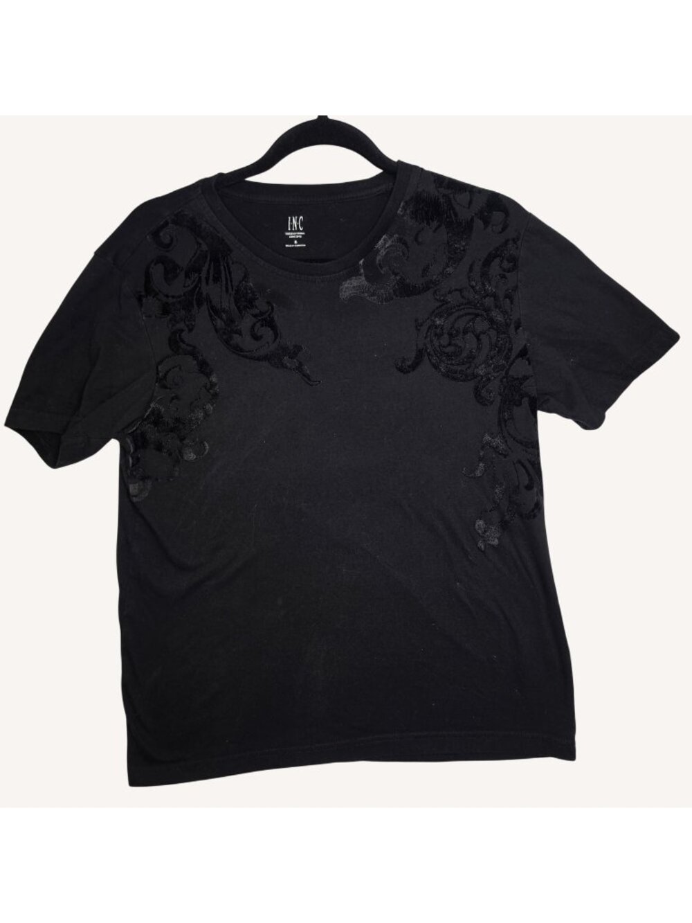 INC International Concepts Mens S Black Flocked Velvet Scroll T Shirt